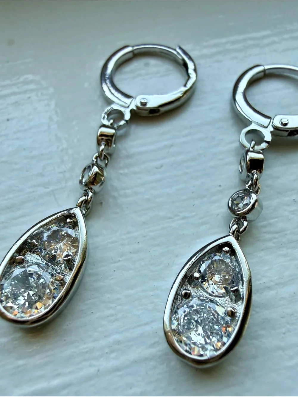 NEW! 14k White Gold Plated Teardrop Dangle Earrings with Clear CZ Stones